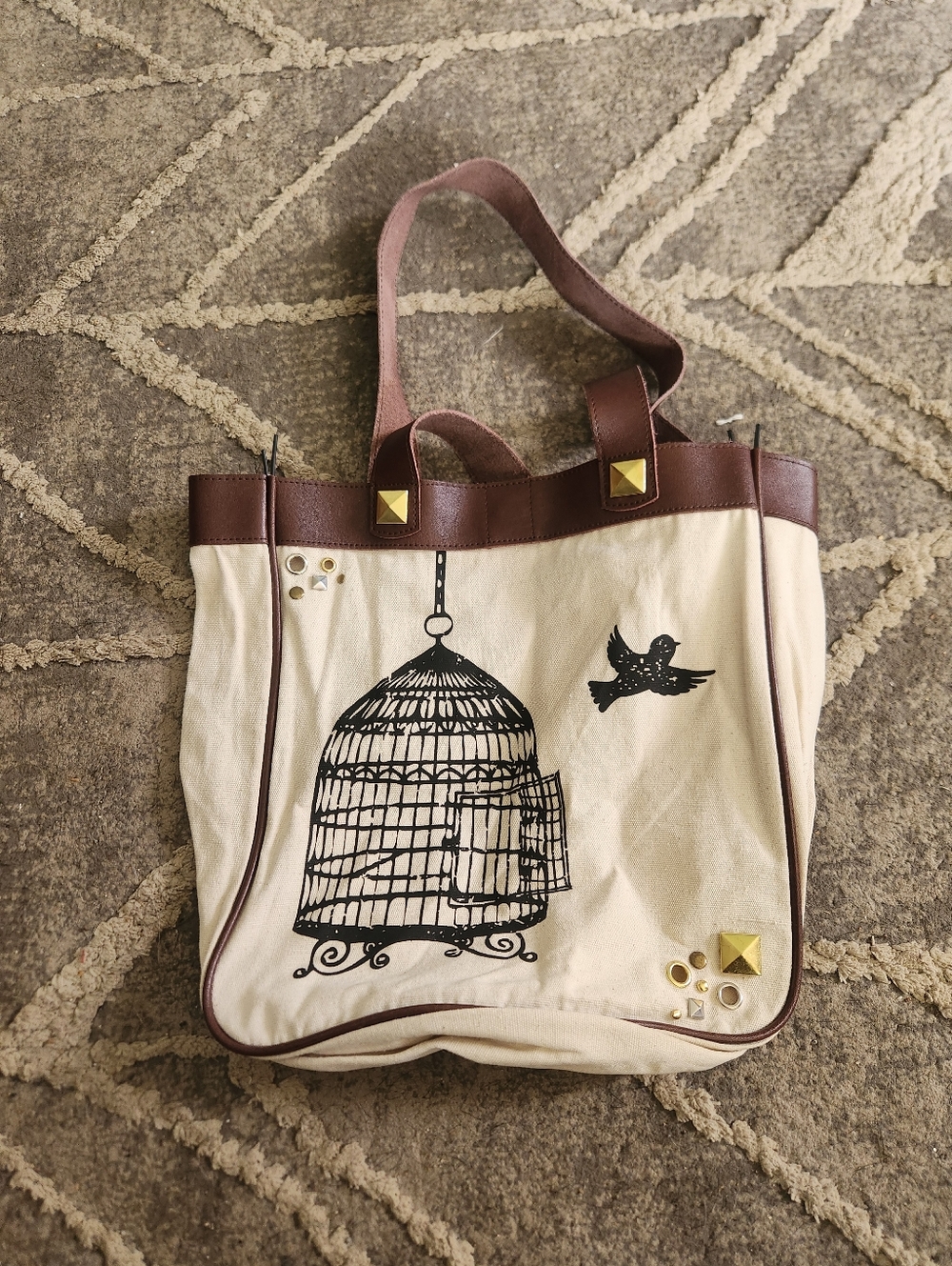 Canvas Tote Bag with Birdcage Print - Cream and Brown